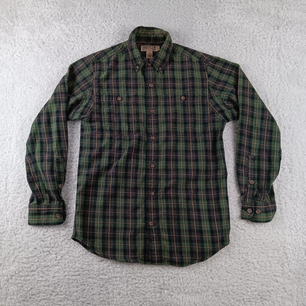Duluth Trading Co Flannel Shirt Mens Medium Green Black Plaid Trim Fit‎ Cotton